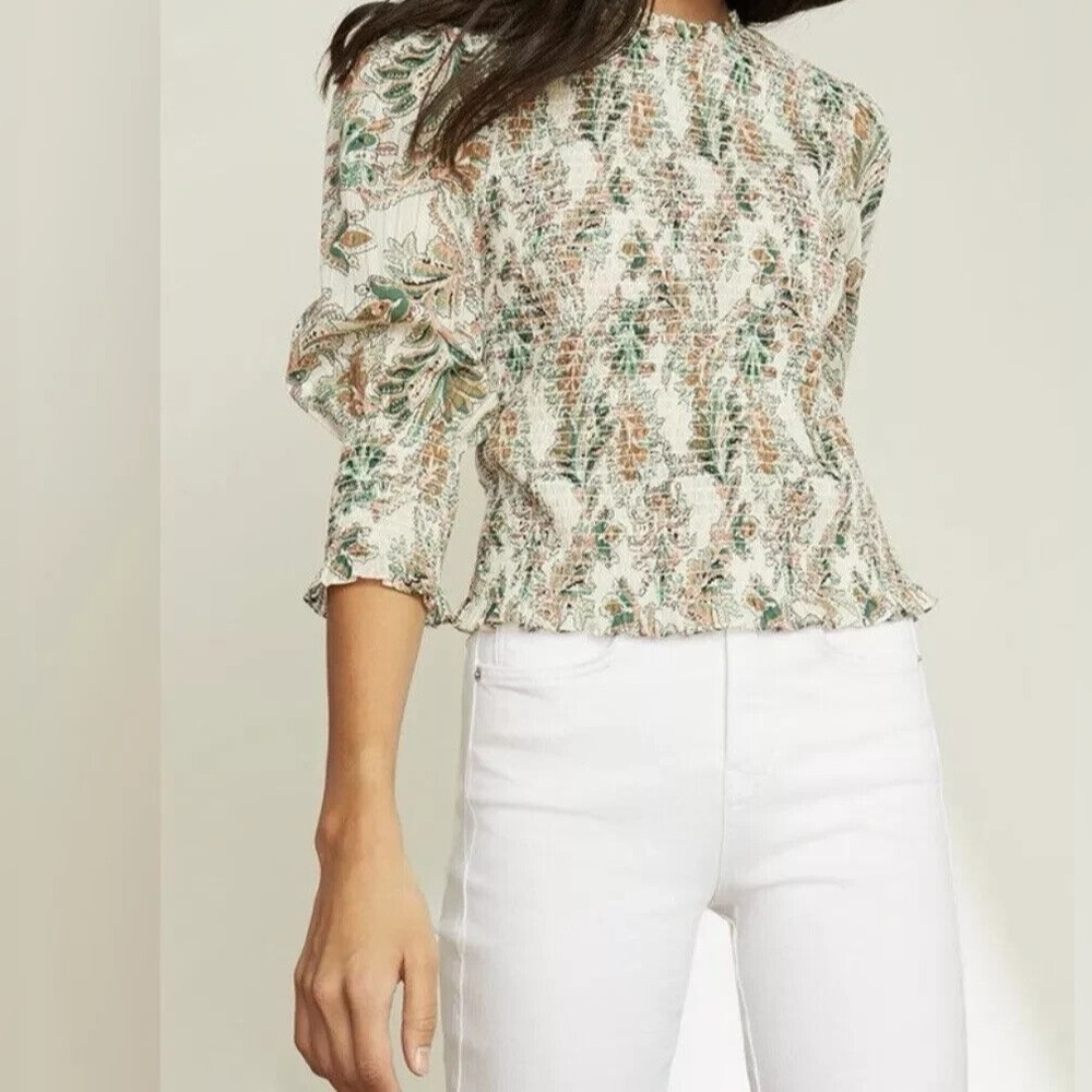 Veronica Beard Women's Beige Kali Printed Smocked Blouse Top Size 12